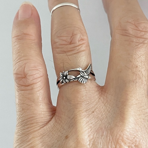 Sterling Silver Flower and Hummingbird Ring, Bird Ring, Silver Rings, Animals - Picture 14 of 14